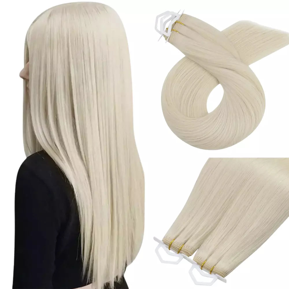 Moresoo white blonde virgin hair bundles, high-quality human hair wefts for sew-in extensions.