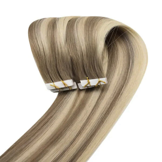 Moresoo light brown blonde balayage hair, 18-inch balayage extensions, high-quality balayage highlights, seamless light brown blonde balayage, invisible balayage tape ins, luxurious balayage hair, natural balayage highlights, premium balayage extensions, smooth brown blonde balayage, salon-quality balayage tape ins