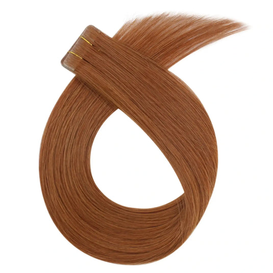 Moresoo copper red highlights balayage tape-ins, 18-inch extensions, seamless red copper ombre, high-quality copper to red mix, invisible tape-ins, long-lasting adhesive, premium balayage hair, salon-quality red copper blend, smooth and vibrant transitions