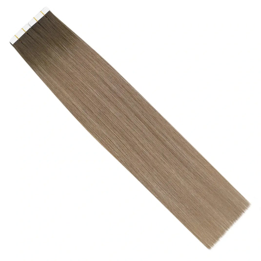 Moresoo dark brown to light brown ombre hair extensions, 14-inch seamless tape-ins, premium balayage highlights, high-quality brown blend, smooth transitions from dark to light brown, invisible tape-ins, long-lasting adhesive, luxurious brown ombre highlights, salon-quality balayage extensions, natural light brown mix