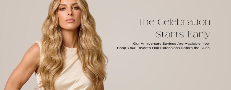 Woman with long blonde hair wearing a white dress against a beige background, with text about hair extensions.