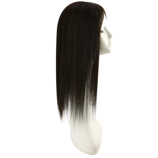 A straight, shoulder-length topper, displayed on a white mannequin head against a plain white background.