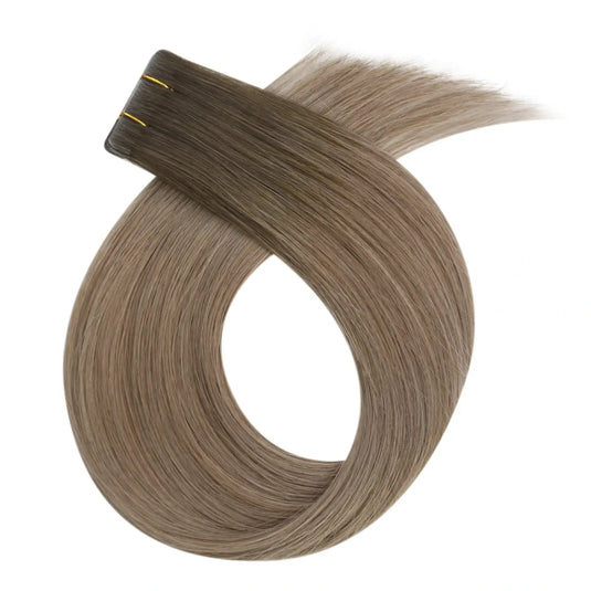 Moresoo light brown balayage tape-ins, 18-inch ombre hair extensions, seamless dark brown to light brown mix, high-quality brown highlights, invisible tape-in extensions, long-lasting adhesive, smooth ombre transitions, salon-quality balayage hair, premium light brown ombre, natural dark brown blend