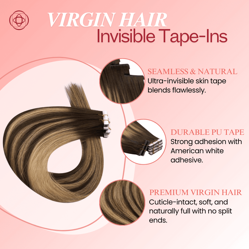 Load image into Gallery viewer, invisible brown balayage extensions salon-quality tape ins smooth balayage tape ins, salon-quality light brown blonde hair, invisible tape-in extensions, natural golden brown ombre
