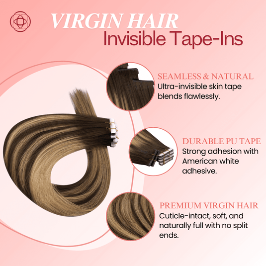 invisible brown balayage extensions salon-quality tape ins smooth balayage tape ins, salon-quality light brown blonde hair, invisible tape-in extensions, natural golden brown ombre
