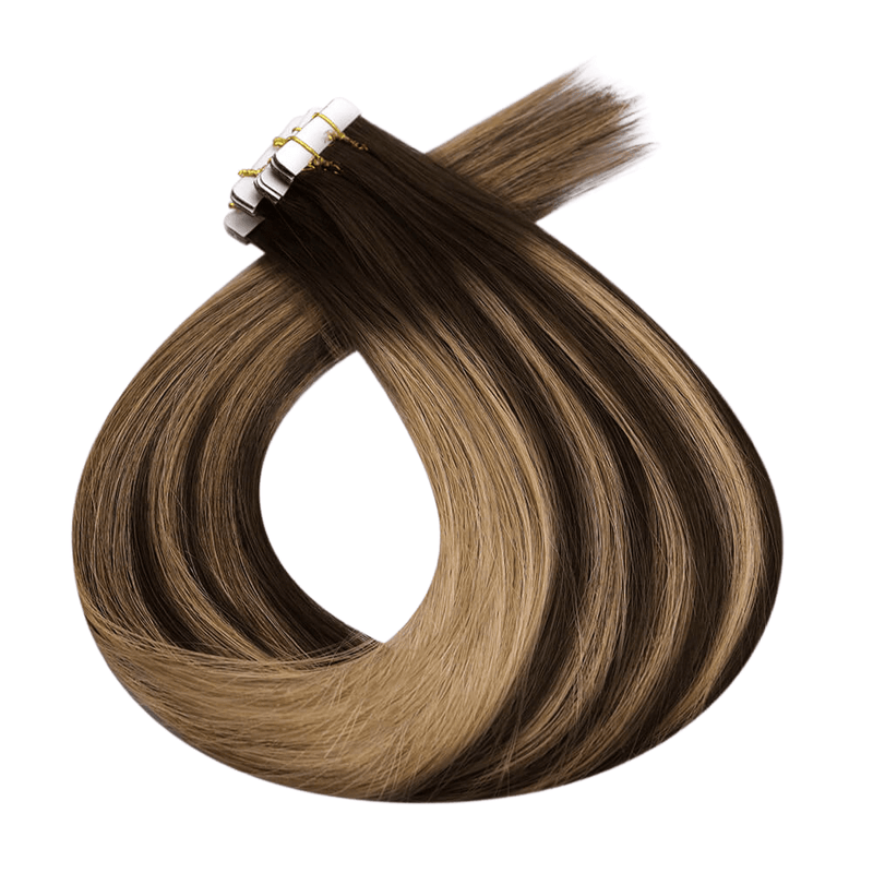 Load image into Gallery viewer, Moresoo medium brown balayage tape in, luxurious balayage tape ins, 16-inch brown balayage hair extensions, smooth brown balayage extensions, premium balayage hair, medium brown balayage tape ins, invisible brown balayage tape in, salon-quality brown balayage hair, balayage tape ins for medium brown hair, high-quality medium brown hair, brown balayage extensions tape in, 18-inch medium brown balayage hair
