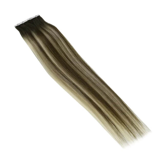 Load image into Gallery viewer, Moresoo ash brown to golden blonde balayage, seamless balayage highlights, 14-inch ash brown balayage hair, high-quality balayage extensions, luxurious ash brown balayage, natural ash brown to blonde balayage, invisible balayage tape ins, smooth ash brown highlights, premium balayage hair extensions, salon-quality balayage hair
