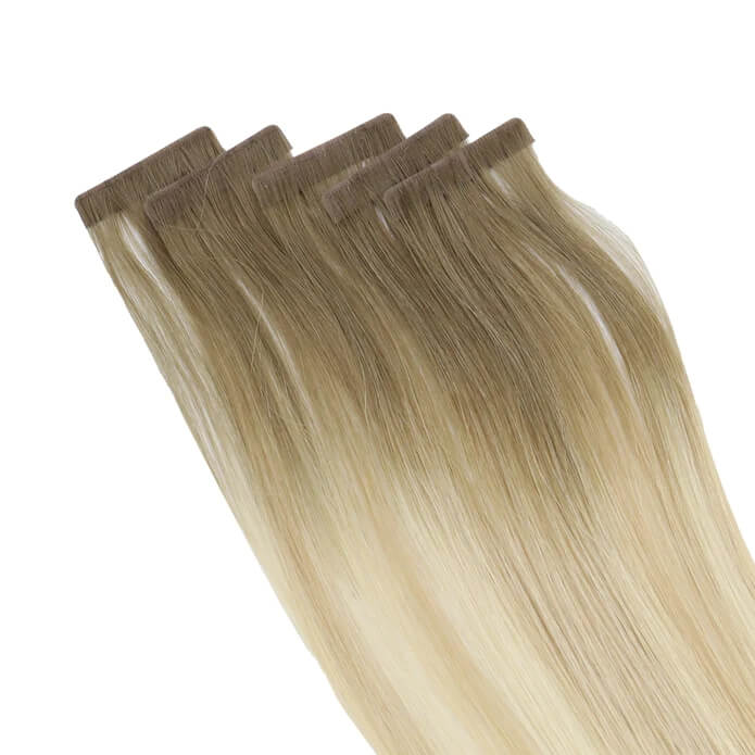 Load image into Gallery viewer, Moresoo light brown to blonde ombre tape ins, 16-inch ombre hair extensions, long-lasting adhesive, easy installation hair extensions, high-quality ombre balayage, seamless light brown blonde ombre, natural ombre hair, premium balayage highlights, smooth ombre hair, salon-quality extensions
