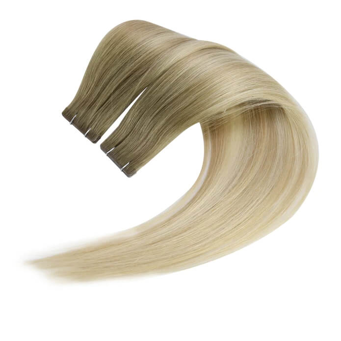Load image into Gallery viewer, Moresoo blonde ombre tape ins, 18-inch ombre hair extensions, secure and easy to install, premium light brown blonde ombre, seamless balayage highlights, high-quality ombre extensions, long-lasting adhesive tape ins, natural ombre hair, smooth balayage extensions, salon-quality ombre hair
