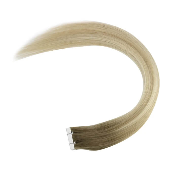 Load image into Gallery viewer, Moresoo light brown to blonde ombre tape ins, 16-inch ombre extensions, easy to apply with secure adhesive, high-quality ombre hair, seamless balayage extensions, premium light brown blonde ombre, natural ombre hair, smooth ombre highlights, long-lasting adhesive, salon-quality hair
