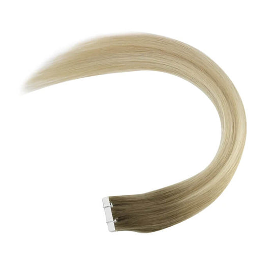 Moresoo light brown to blonde ombre tape ins, 16-inch ombre extensions, easy to apply with secure adhesive, high-quality ombre hair, seamless balayage extensions, premium light brown blonde ombre, natural ombre hair, smooth ombre highlights, long-lasting adhesive, salon-quality hair