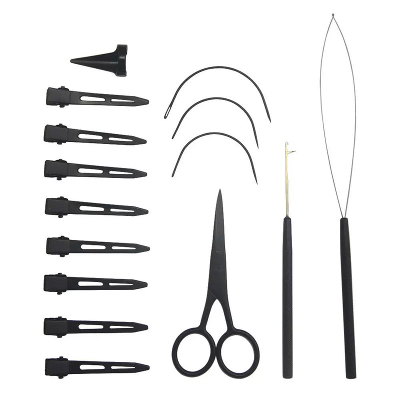 Load image into Gallery viewer, Set of black hair styling tools including clips, scissors, and combs on a white background
