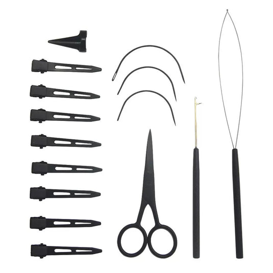Set of black hair styling tools including clips, scissors, and combs on a white background