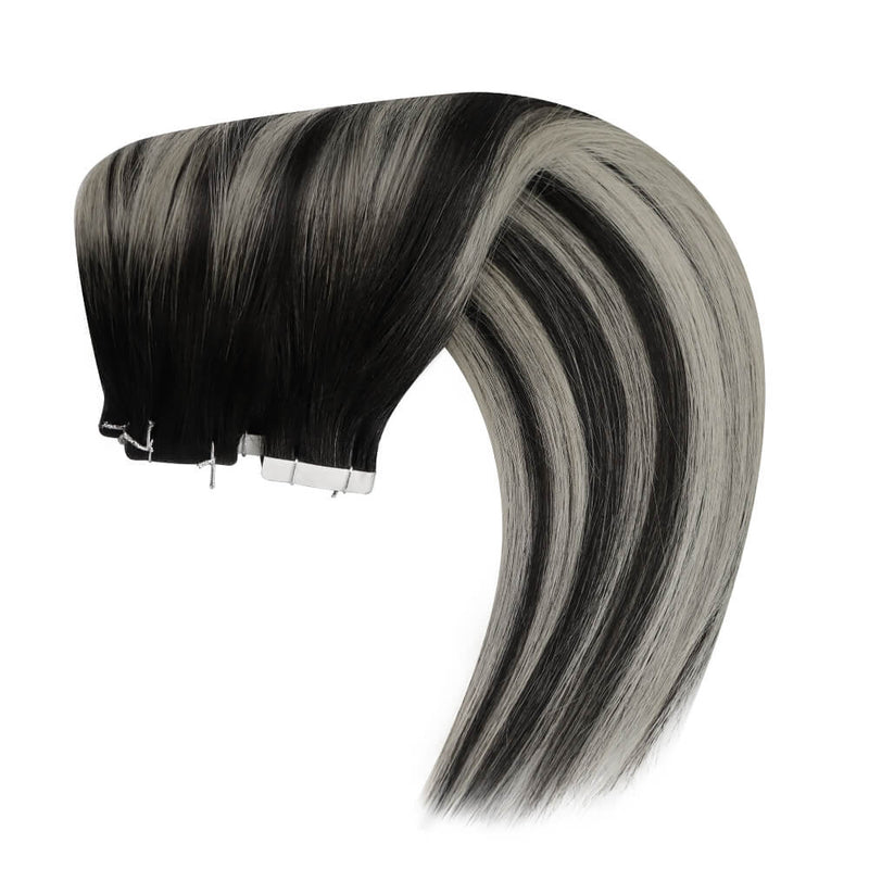 Load image into Gallery viewer, Moresoo black and silver balayage hair, 16-inch black silver balayage tape ins, high-quality balayage extensions, smooth black silver balayage hair, invisible black silver tape ins, salon-quality balayage hair, premium black silver balayage extensions, luxurious balayage tape ins, natural black silver balayage, seamless silver balayage extensions
