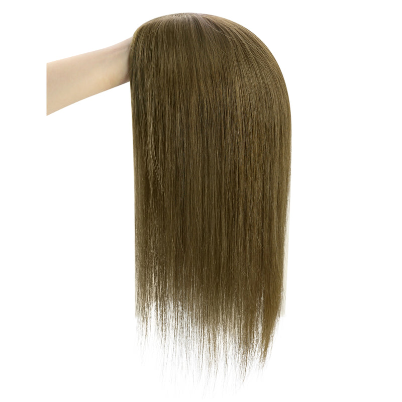Load image into Gallery viewer, Brown hair topper held by a hand on a white background
