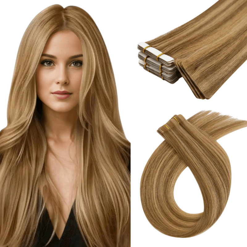 Load image into Gallery viewer, Moresoo honey blonde and brown balayage tape-ins, seamless ombre hair extensions, high-quality honey blonde highlights, invisible tape-ins, luxurious brown to honey blonde mix, natural balayage transitions, long-lasting adhesive, premium ombre extensions, salon-quality brown blonde blend
