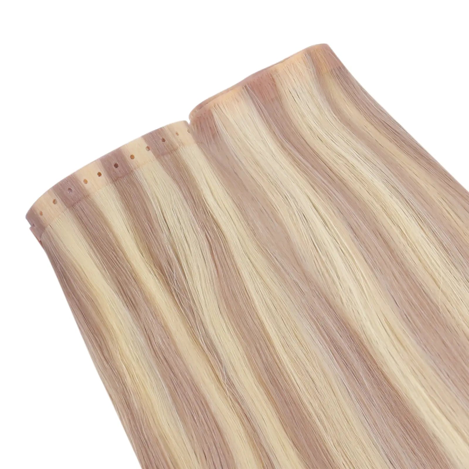 virgin hair extensions with blonde highlights, sew in flat weft, invisible pu skin, lightweight weft hair