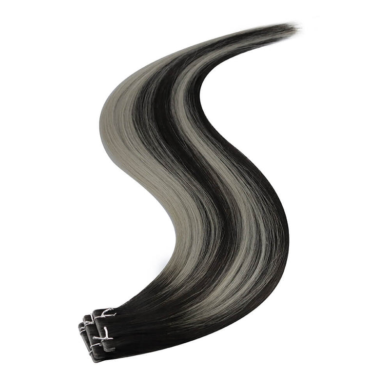 Load image into Gallery viewer, Moresoo premium black silver balayage tape ins, 14-inch black silver balayage hair extensions, luxurious black silver balayage, seamless silver balayage tape ins, invisible black silver hair, high-quality balayage tape ins, natural black silver balayage extensions, salon-quality black silver balayage hair, smooth black silver balayage extensions, premium black silver balayage hair
