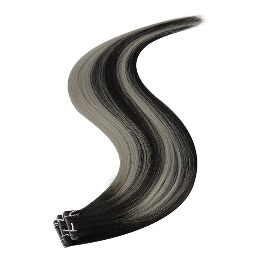 Moresoo premium black silver balayage tape ins, 14-inch black silver balayage hair extensions, luxurious black silver balayage, seamless silver balayage tape ins, invisible black silver hair, high-quality balayage tape ins, natural black silver balayage extensions, salon-quality black silver balayage hair, smooth black silver balayage extensions, premium black silver balayage hair