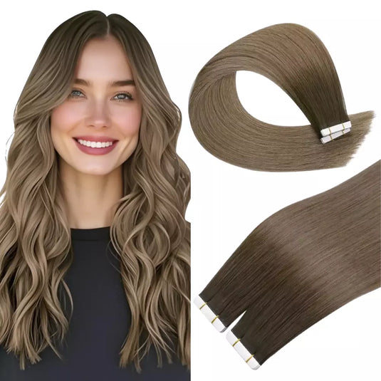 Woman with long wavy hair next to a hair extension on a white background