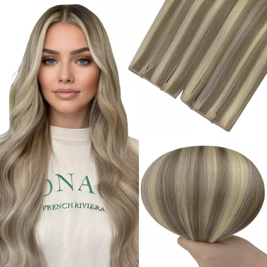 Woman with long wavy hair next to hair extensions on a white background