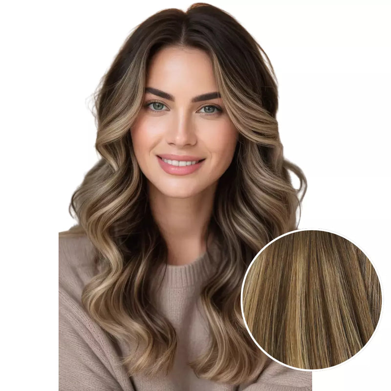 Load image into Gallery viewer, Woman with wavy hair and a close-up of hair color swatch on a white background
