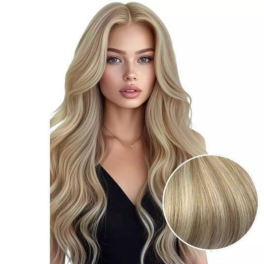 Woman with long double weft, with a close-up inset of hair color.