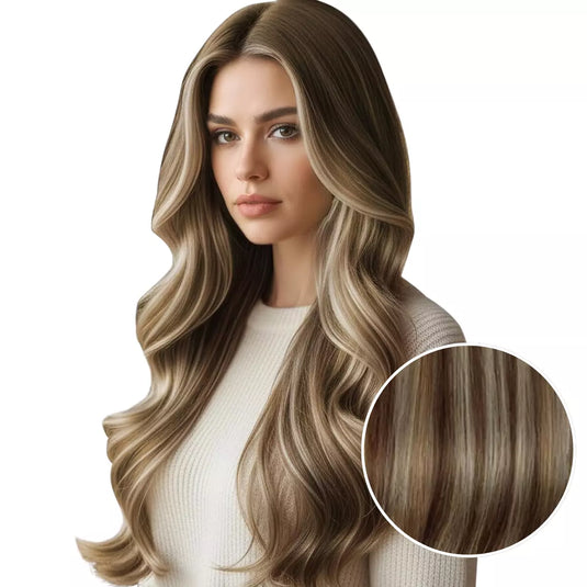 Woman with long double weft, with a close-up inset of hair color.