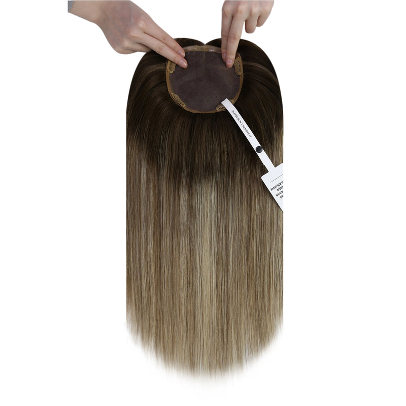 Load image into Gallery viewer, Balayage brown and blonde hair topper for women with thinning crown, real human hair piece
