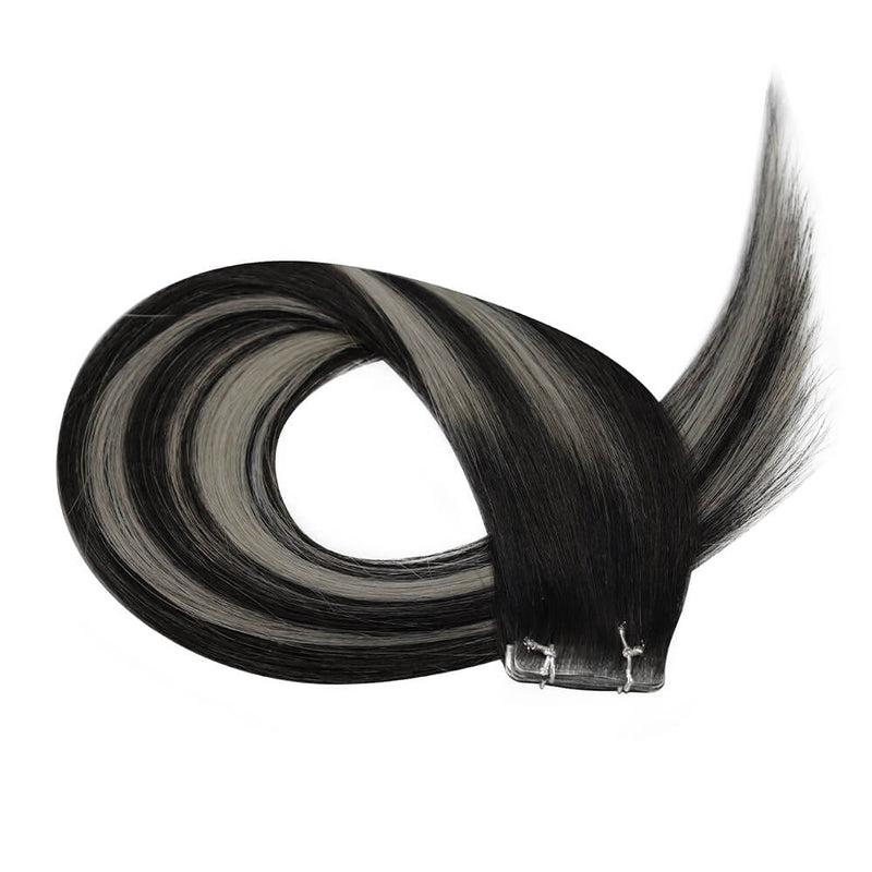 Load image into Gallery viewer, Moresoo black silver balayage tape in extensions, seamless silver balayage hair, 14-inch black silver balayage tape ins, invisible black silver balayage, high-quality balayage extensions, premium black silver balayage, luxurious silver balayage extensions, smooth black and silver balayage tape ins, salon-quality black silver balayage hair, natural black silver balayage
