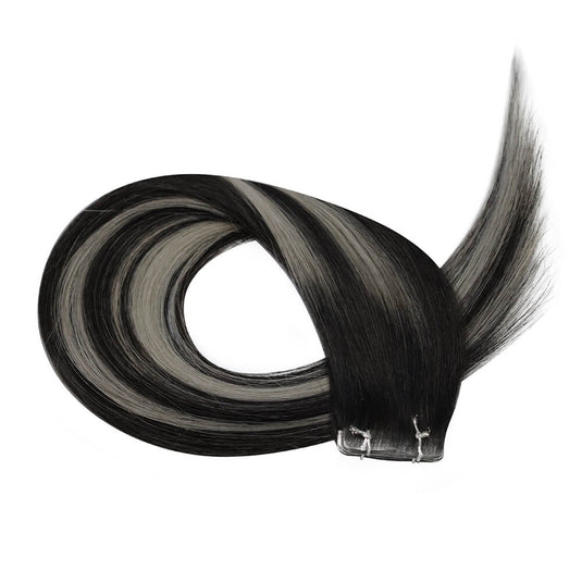 Moresoo black silver balayage tape in extensions, seamless silver balayage hair, 14-inch black silver balayage tape ins, invisible black silver balayage, high-quality balayage extensions, premium black silver balayage, luxurious silver balayage extensions, smooth black and silver balayage tape ins, salon-quality black silver balayage hair, natural black silver balayage