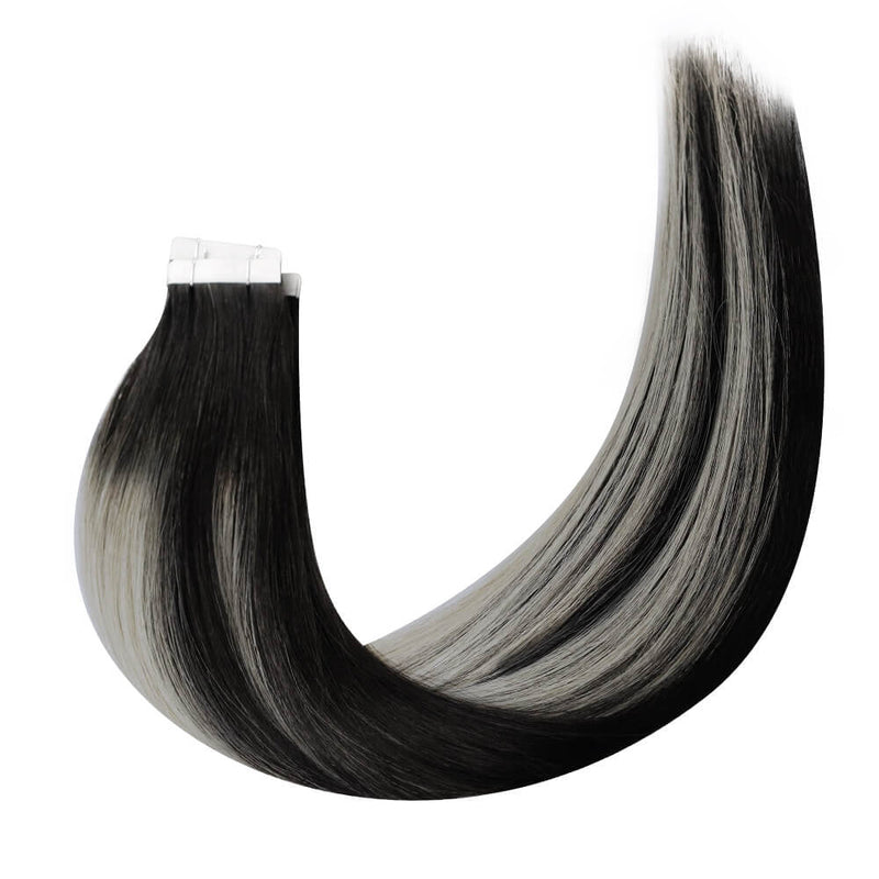 Load image into Gallery viewer, Moresoo 14-inch black silver balayage tape ins, luxurious black and silver balayage hair, invisible balayage tape ins, high-quality black silver extensions, salon-quality black silver balayage, premium black silver balayage tape ins, smooth black silver balayage hair, seamless balayage hair extensions, natural black silver balayage extensions, black silver balayage tape in extensions
