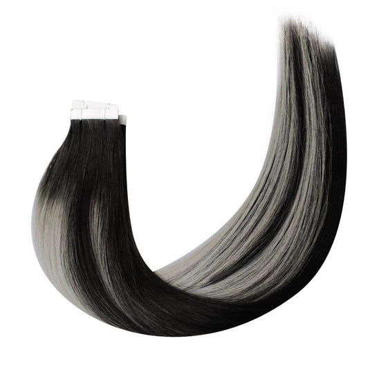 Moresoo 14-inch black silver balayage tape ins, luxurious black and silver balayage hair, invisible balayage tape ins, high-quality black silver extensions, salon-quality black silver balayage, premium black silver balayage tape ins, smooth black silver balayage hair, seamless balayage hair extensions, natural black silver balayage extensions, black silver balayage tape in extensions