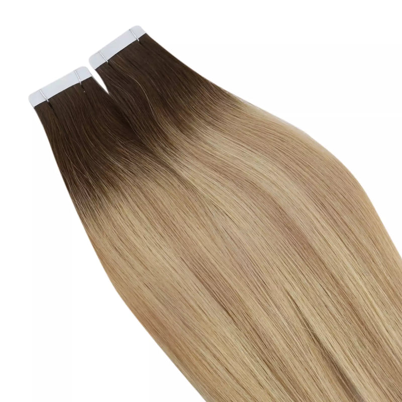Load image into Gallery viewer, balayage brown with blonde tape in hair extension virgin tape in hair extension skin weft human Brazilian hair
