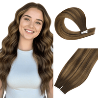 Woman with long wavy hair next to a hair extension on a white background