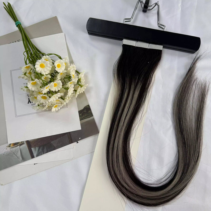 Load image into Gallery viewer, [Final Sale] Virgin Flower Tape Hair Extensions Balayage (#1B/Silver/1B) 24&quot;
