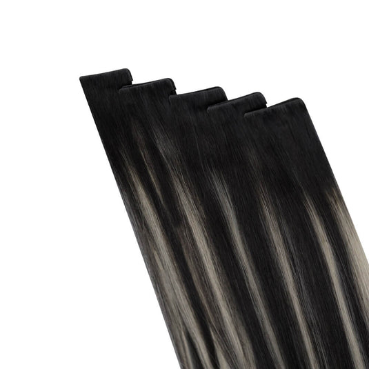 Moresoo black silver balayage extensions, seamless black and silver balayage tape ins, 16-inch black silver balayage hair, high-quality silver balayage extensions, natural black silver balayage, luxurious balayage tape ins, invisible black silver tape ins, premium black silver balayage extensions, salon-quality balayage hair, smooth black silver balayage