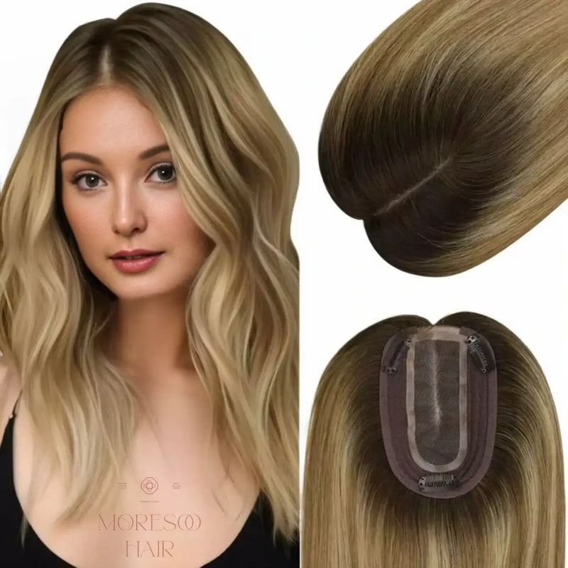 Load image into Gallery viewer, Woman with blonde hair and hair topper on a white background

