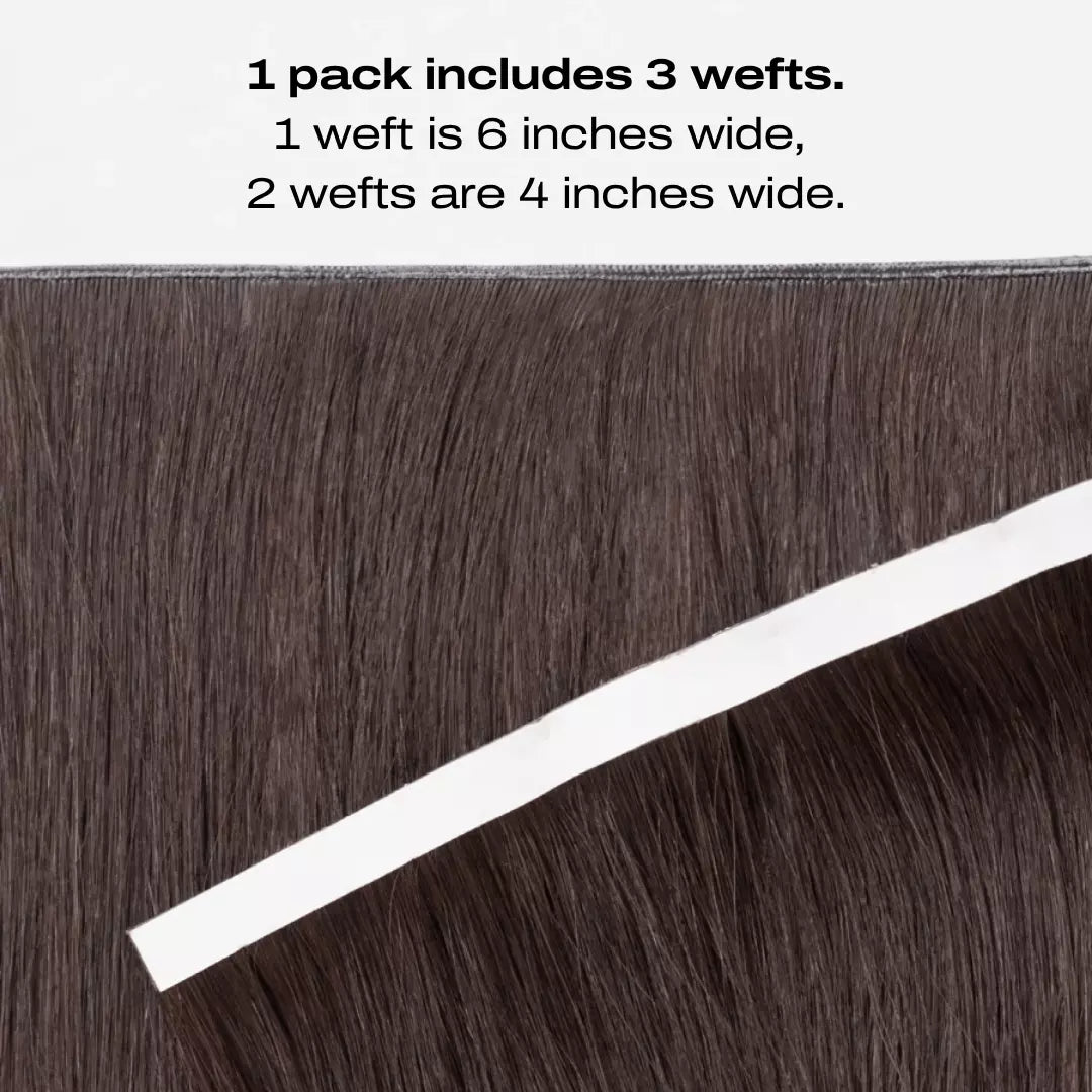 Invisible tape in weft packaging with text indicating dimensions