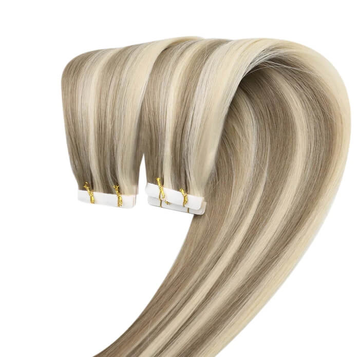 Load image into Gallery viewer, Moresoo golden brown to blonde balayage tape-ins, 14-inch extensions, smooth balayage highlights, high-quality golden blonde highlights, natural light brown blonde mix, seamless balayage hair, luxurious blonde brown ombre, invisible tape-in extensions, salon-quality balayage, long-lasting adhesive extensions
