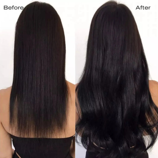 Before and after application of Moresoo Virgin Tape-In Hair in Off Black (