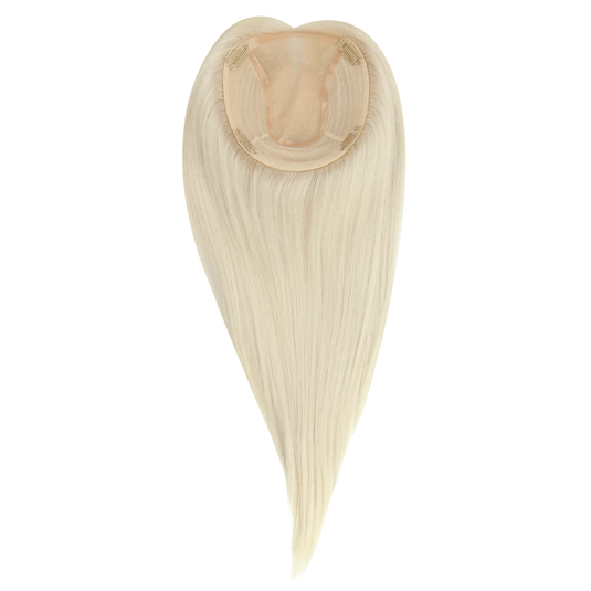 A long hair piece with a heart-shaped top and a tapered bottom, shown against a plain white background. The hair features a platinum blonde tones.