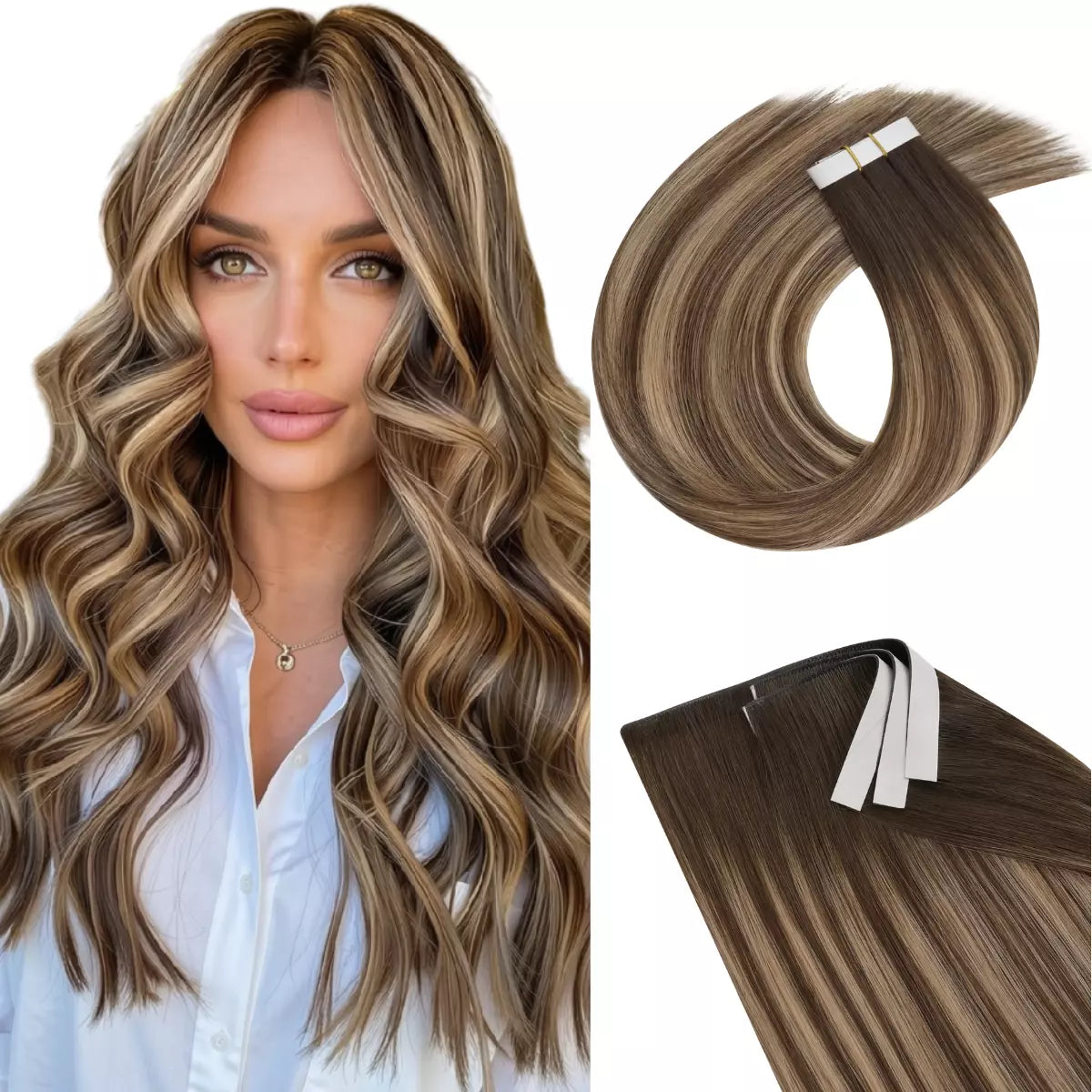 A woman modeling a long, wavy blonde hair extension, shown alongside close-up views of the invisible tape in hair extension bundles on a white background.