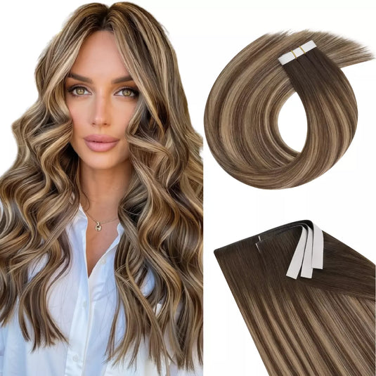 A woman modeling a long, wavy blonde hair extension, shown alongside close-up views of the invisible tape in hair extension bundles on a white background.