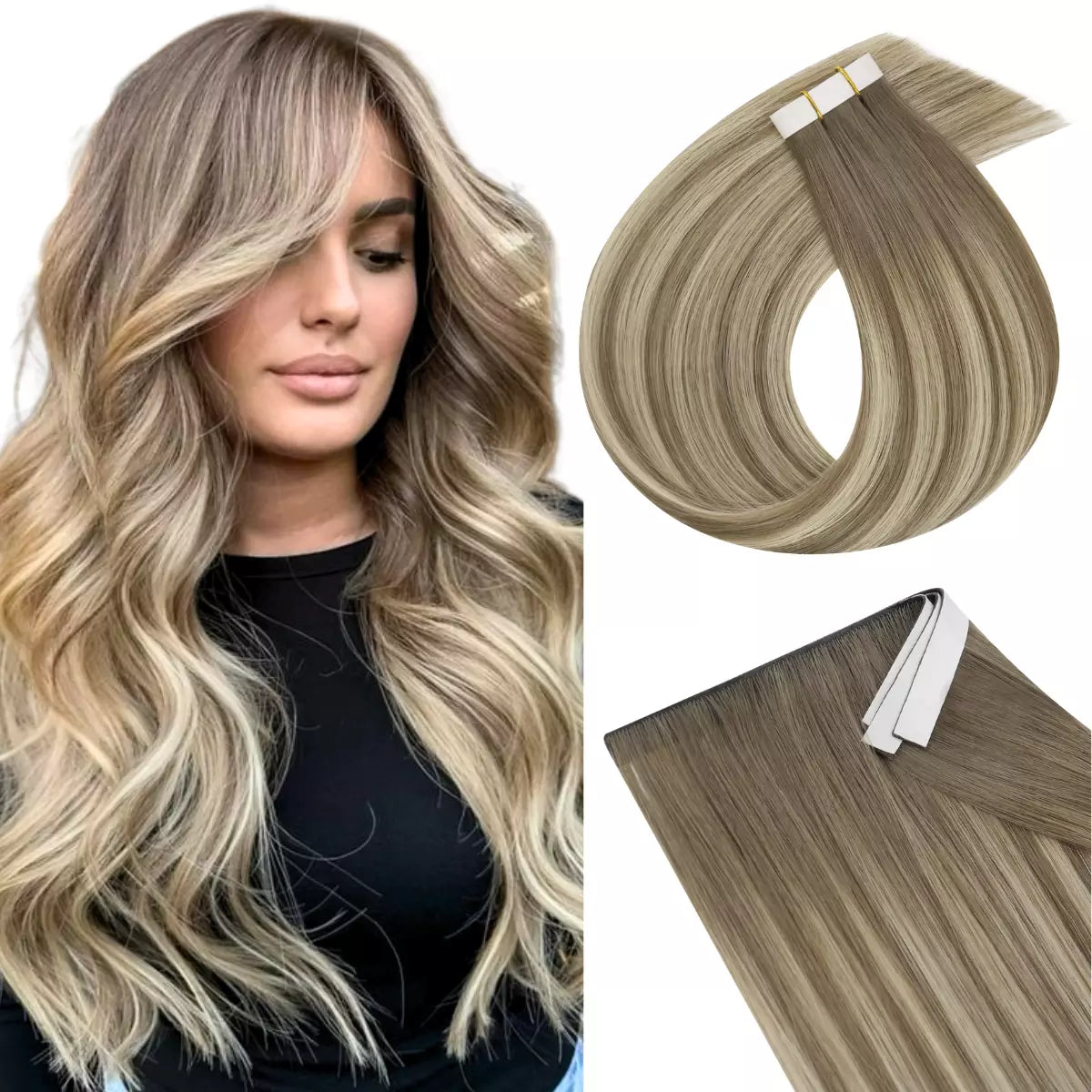 Blonde highlights invisible tape in weft hair extensions on a white background