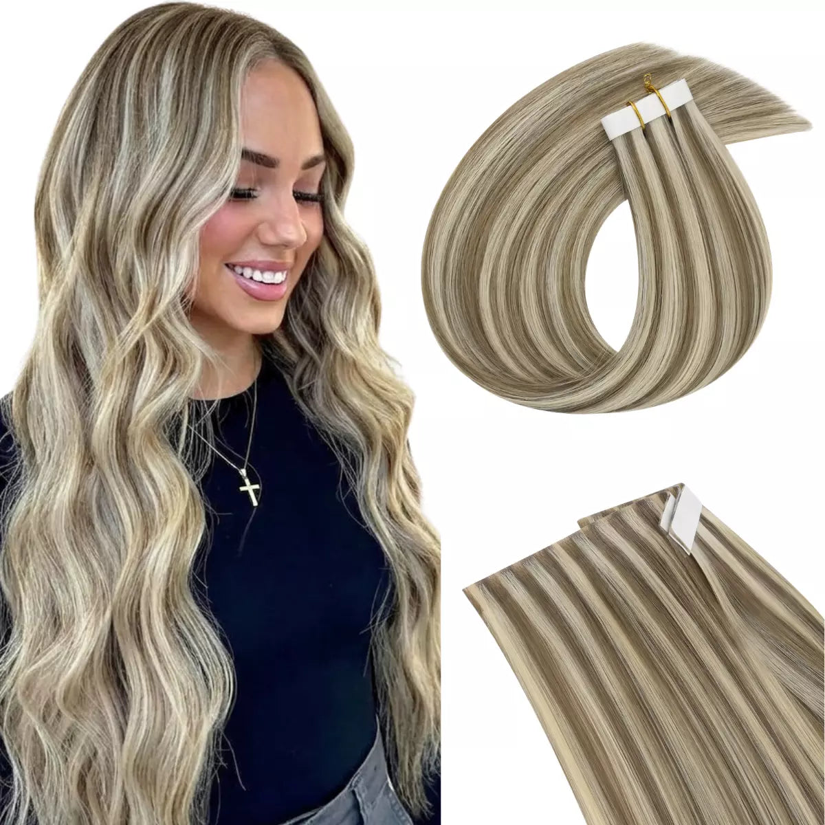 A woman modeling a long, wavy blonde hair extension, shown alongside close-up views of the invisible tape in hair extension bundles on a white background.