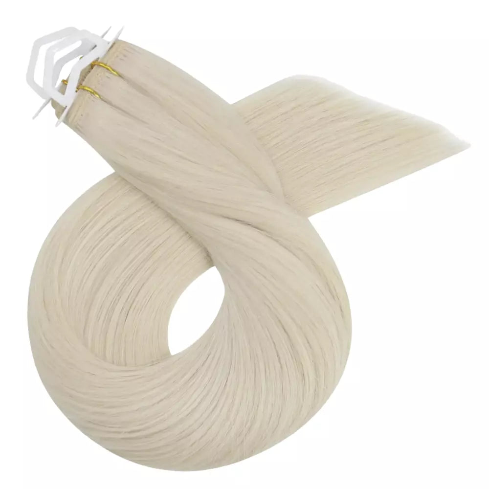 Moresoo 100% virgin white blonde human hair bundles, soft and silky sew-in weft extensions.