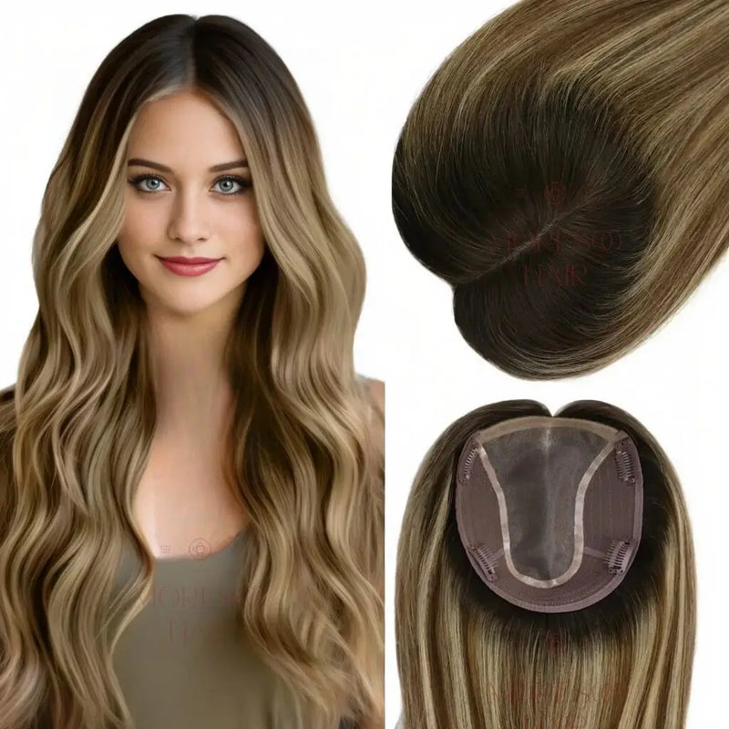 Load image into Gallery viewer, A hairpiece extension shown on a model with long wavy blonde-brown hair, alongside close-up views of the hair texture and the underside with attachment clips. The product being sold is the hairpiece, not the model's hair or clothing.
