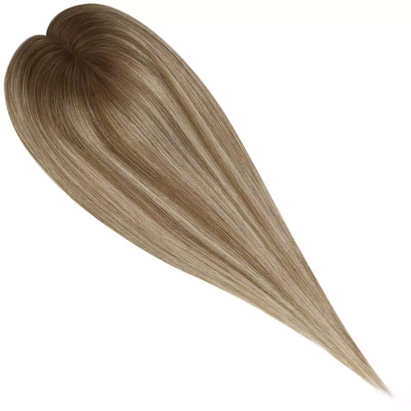 Load image into Gallery viewer, balayage brown with blonde highlights virgin human hair topper on a white background
