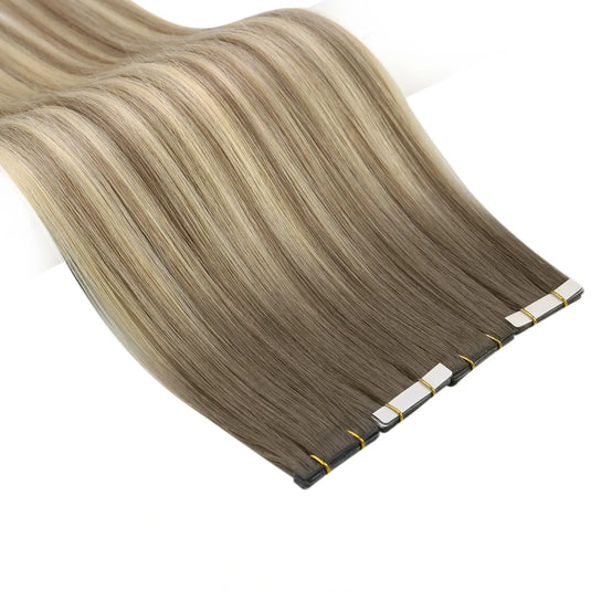 Moresoo brown to golden blonde balayage hair, 14-inch tape-in extensions, seamless golden blonde highlights, high-quality balayage mix, invisible tape-ins, long-lasting adhesive extensions, luxurious brown to blonde ombre, salon-quality extensions, smooth transitions, premium golden blonde highlights
